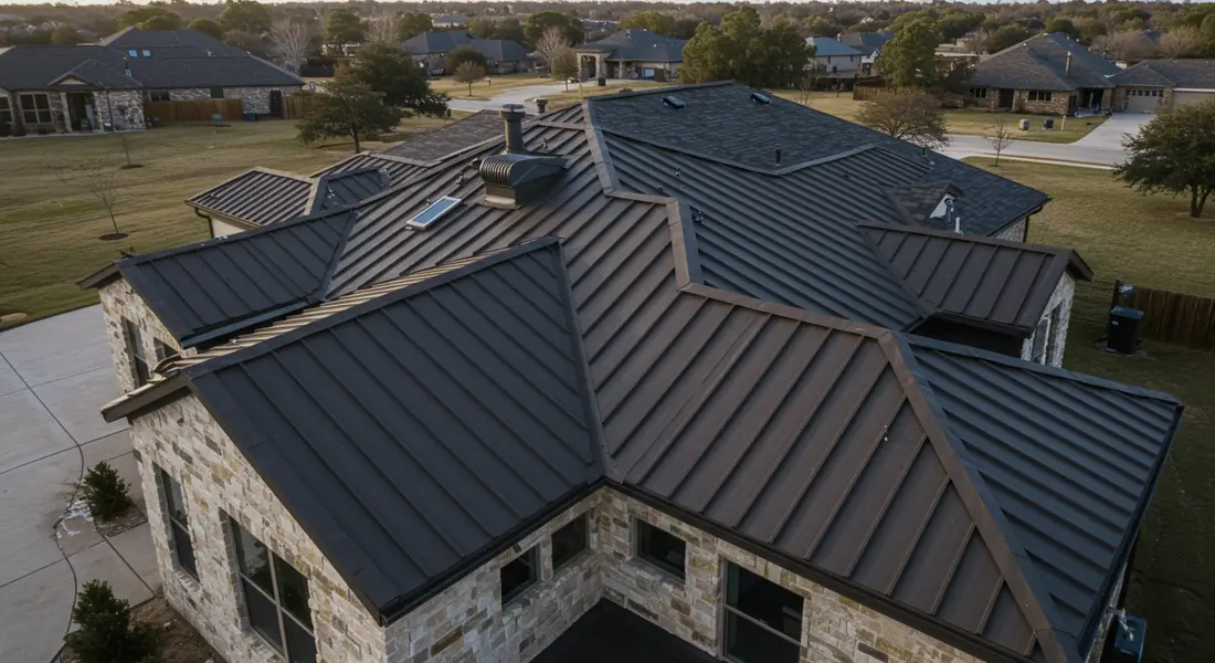 Aerial view of a dark standing seam metal roof on a stone home